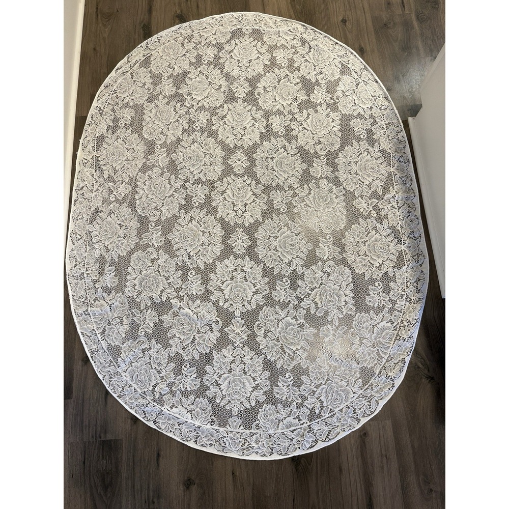 Vintage Ivory Lace Oval Tablecloth 77"x 58" Good Used Condition